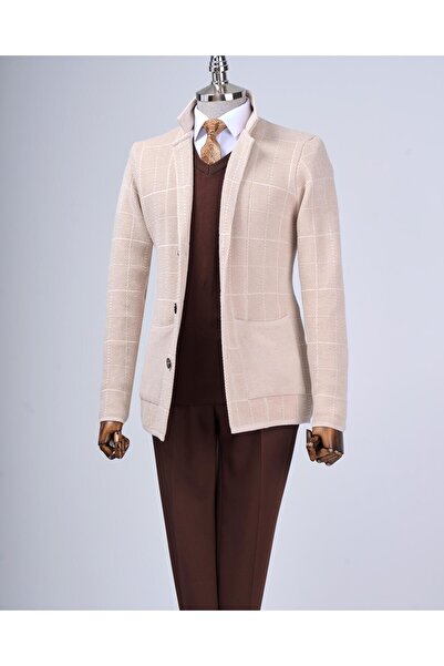 TerziAdemAltun İtalyan stil slim fit düğmeli triko ceket bej T13264