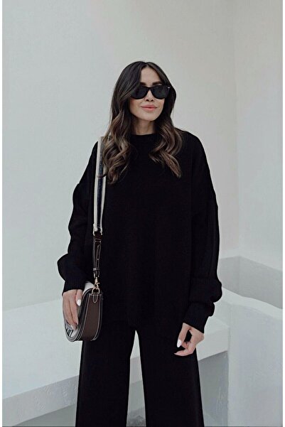 BRTC design Fekete Relax kötöttáru szett - Crew nyakú, elasztikus derékrésszel és széles szárú