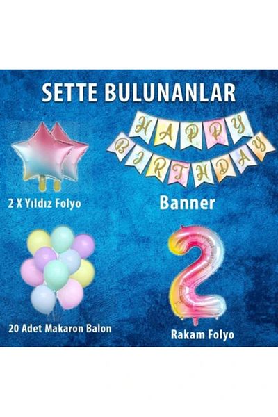 BALON DİYARI Rainbow Concept 2 Year Old Birthday Party Celebration Set Number And Star Foil Banner And Macaron Balloon