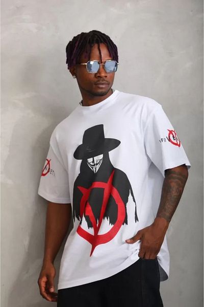 modaserdem Tricou alb unisex cu imprimeu supradimensionat cu gât crew