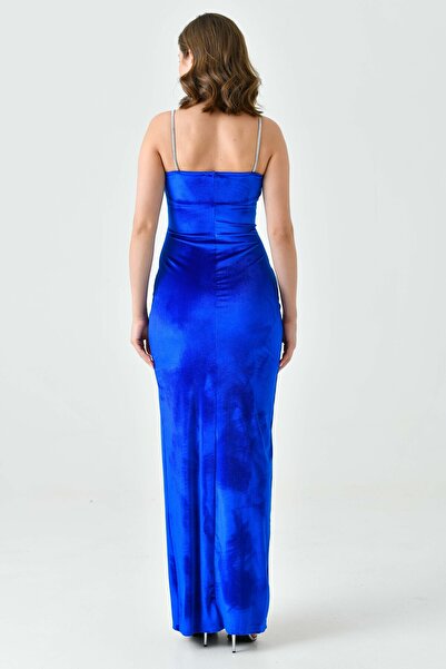 vuvutasarım Жіноче вечірнє плаття з оксамитової тканини з розрізом і камінням на бретельках 582335