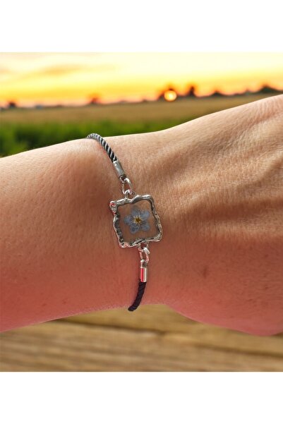 maycollection Gerçek Mavi Beni Unutma Çiçeği Siyah İpli Ayarlanabilir Ölçülü Tasarım Epoksi Bileklik