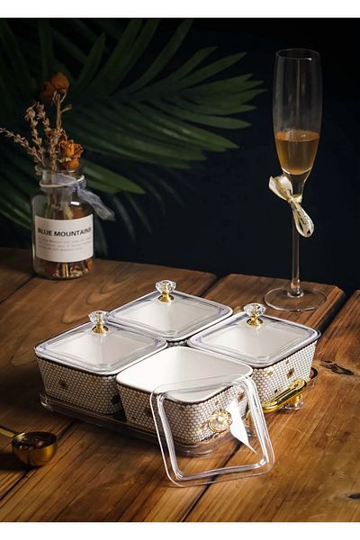CEZVE HOME Emillia 4-Piece Porcelain Luxury Square Breakfast Storage Container, Breakfast Set Presentation Plate