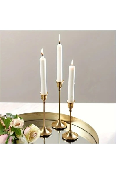 alenked Metal 3'lü Gold Şamdan Mumluk Dekoratif Paslanmaz Kaplama
