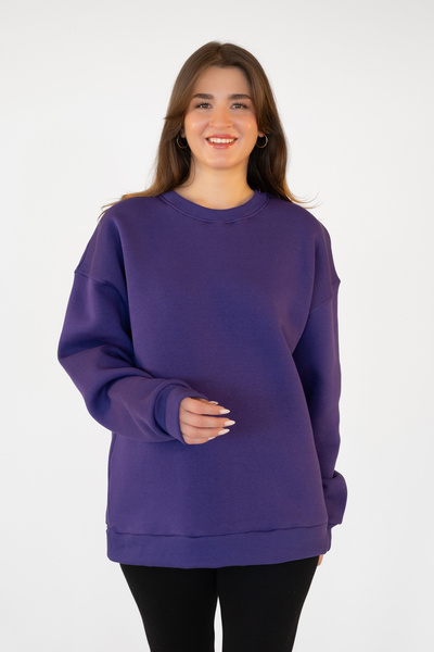 TEVOOY Unisex Oversize Kapşonsuz Sweatshirt – 3 İplik Şardonlu ve İçi Tüylü Rahat Tasarım MOR