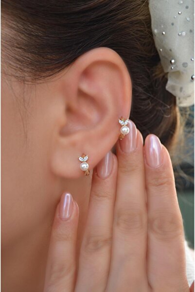 Sacce Scarves&Accessories İncili Halka Piercing Forward Helix Kıkırdak Lob Helix Yaprak Taşlı İncili Piercing Küpe