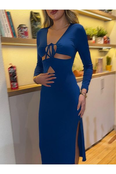 Kokosh moda Rochie de damă cu mânecă lungă, piept și burtă, cu decolteu adânc, rochie midi nisipoasă