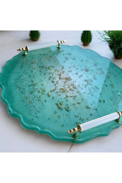 Home Green Tray with Epoxy Resin Gold Leaves - Diameter: 30 cm