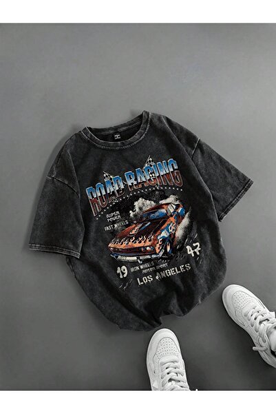 PENTHİLUS Памучна черна унисекс тениска с щампа на кола