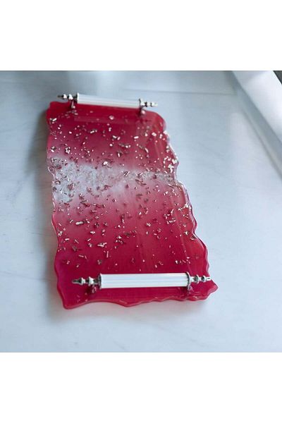 Home Red Rectangular Tray with Epoxy Resin Silver Leaves - Width: 16 cm Length: 30 cm