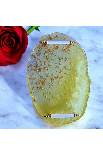 Home Yellow Tray with Epoxy Resin Gold Leaf - Width: 24 cm Length: 34