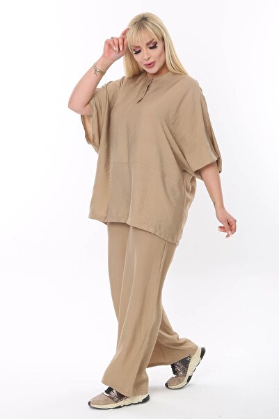 Mia Butik Plus Size Beige Round Neck Casual Suit