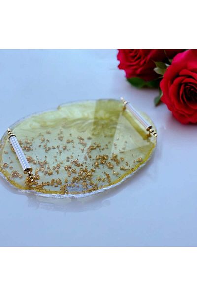 Home Yellow Tray with Epoxy Resin Gold Leaf - Width: 24 cm Length: 34