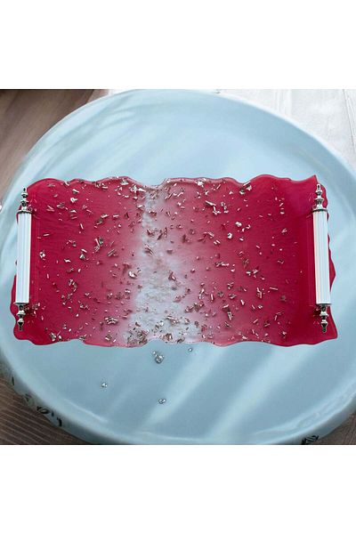 Home Red Rectangular Tray with Epoxy Resin Silver Leaves - Width: 16 cm Length: 30 cm