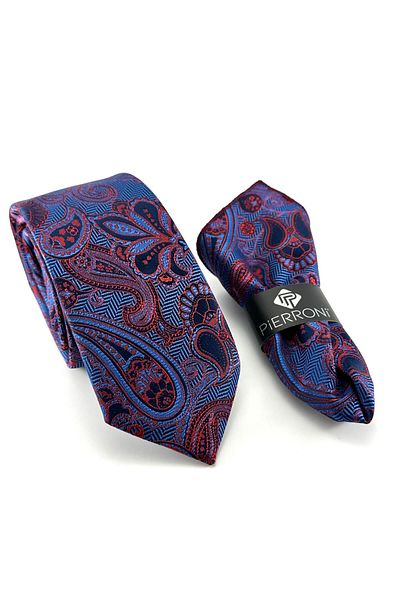PİERRONİ Blue Red Shawl Patterned Handkerchief Tie