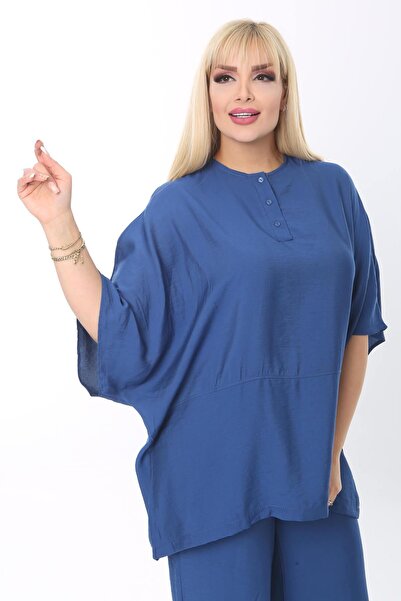 Mia Butik Plus Size Blue Round Neck Casual Suit