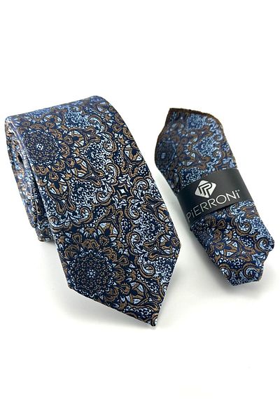 PİERRONİ Blue Brown Patterned Handkerchief Tie