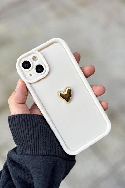 KVK PRİVACY Iphone 13-14 Uyumlu Kılıf 3D Gold Kalp Darbelere Dayanıklı Yumuşa...