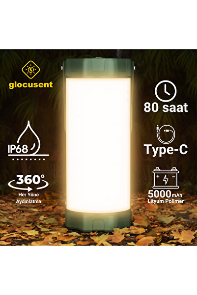 Glocusent Kamp Feneri Lambası 120 Saat Şarjlı Kullanım, Ip68 Su Geçirmez, Kamp, Deprem Çantası Feneri Ve Afet