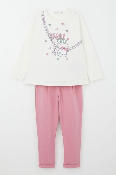 Breeze 9 Months-3 Years Old Baby Girl Set with Hearted Leggings - Happy Rabbit Printed, Ecru