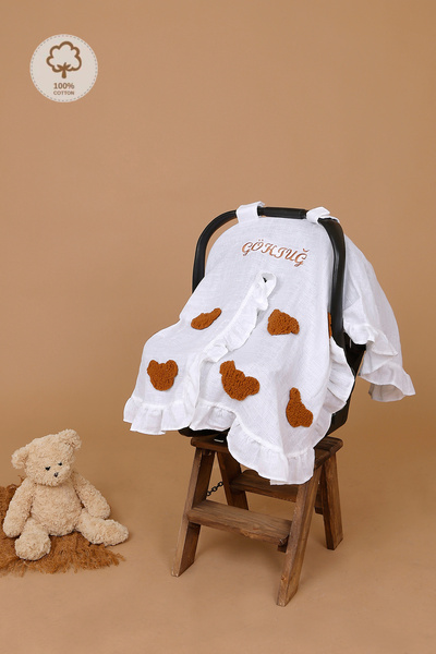 JUNİPERUS Kişiye Özel Nakışlı Fırfırlı Müslin Puset Örtüsü İsime Özel Anakuca...