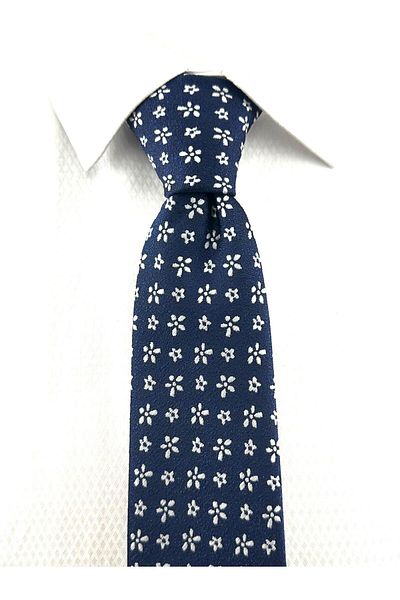 PİERRONİ Navy Blue and White Patterned Handkerchief Tie