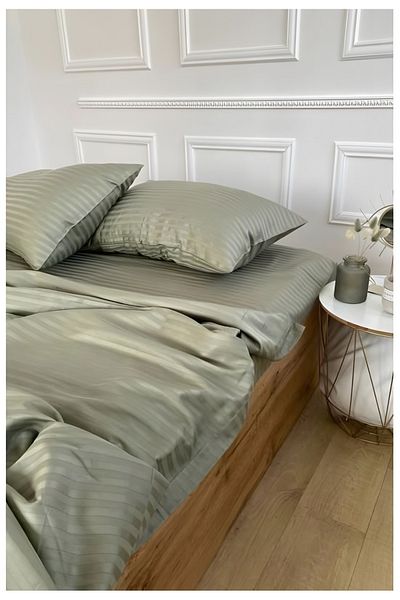 METİNEV Water Green Striped Cotton Satin Bedding Set