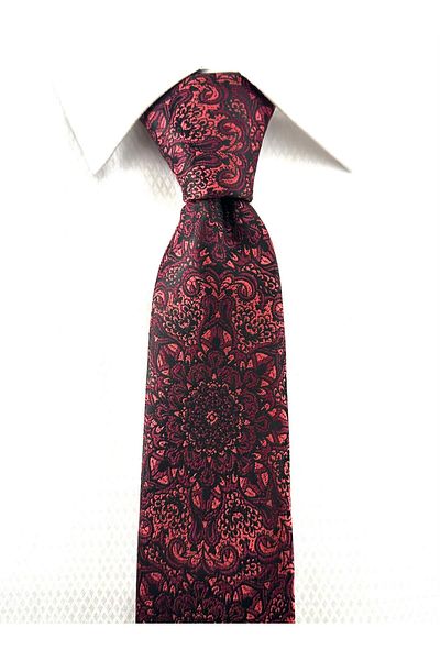 PİERRONİ Black Burgundy Patterned Handkerchief Tie