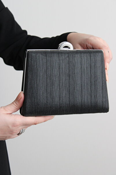 Mimoza Black Lurex Double-Way Evening Bag with Chain and Hand Strap, Movable Handle (Not Ship)