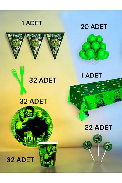 VibeHome Hulk Themed L Pack for 32 - Birthday Party and Fun Events
