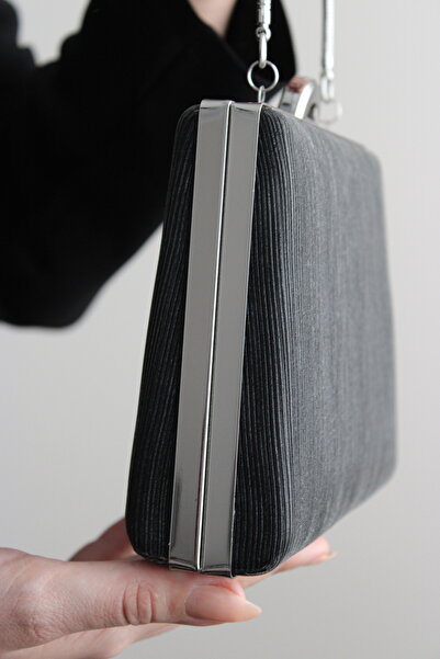 Mimoza Black Lurex Double-Way Evening Bag with Chain and Hand Strap, Movable Handle (Not Ship)