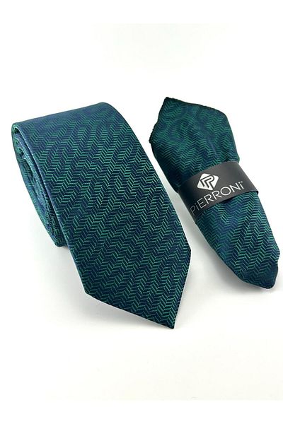 PİERRONİ Green Navy Blue Shawl Stripe Patterned Handkerchief Tie