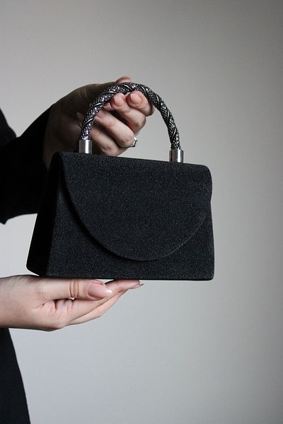 Mimoza Women's Black Glitter Evening Bag – Stone Detailed Handle - Chain Long Strap