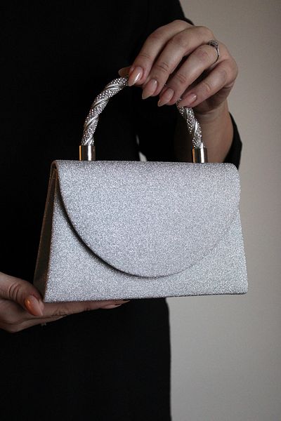 Mimoza Women's Silver Glitter Evening Bag – Stone Detailed Handle - Chain Long Strap