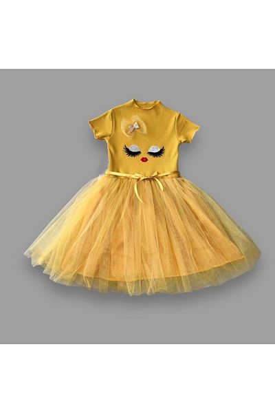 DEFNADA 5-6-7 Years Old Sequined Fancy Face Printed Girl's Dress