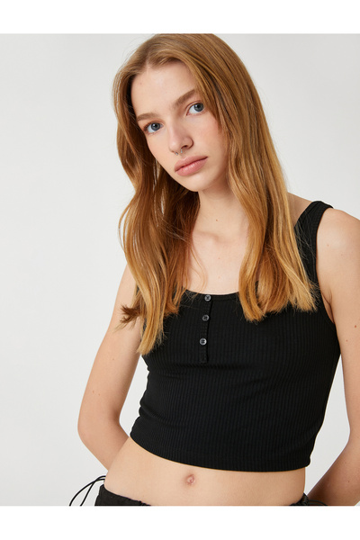 Koton Ribbed Athlete Crop U Collar με κουμπιά μπροστά με ραβδώσεις