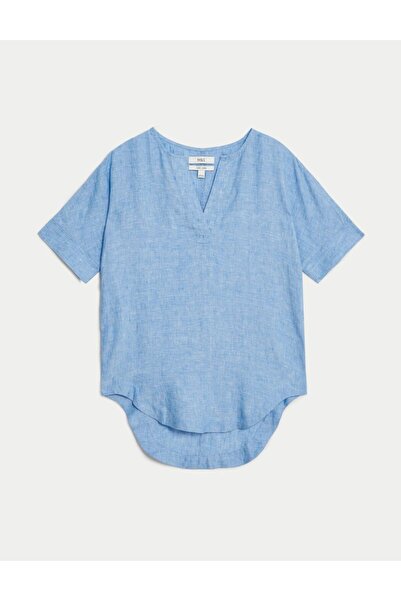 Marks & Spencer Kısa Kollu Keten Popover Bluz