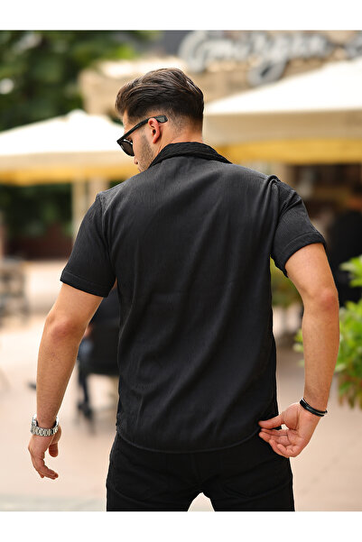 comstar Ανδρικό καλοκαιρινό ελαστικό στενό βασικό κοντομάνικο μαύρο πουκάμισο