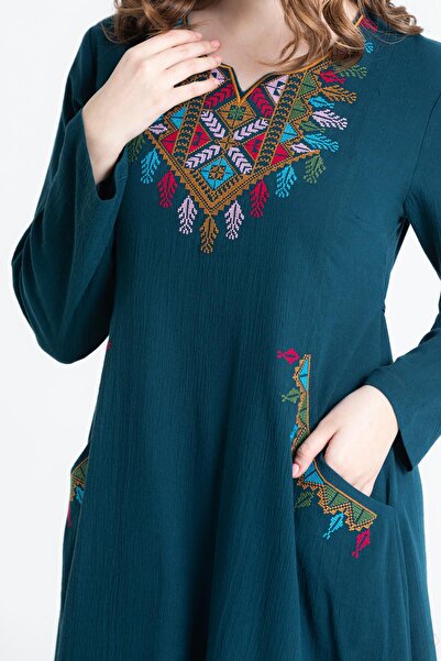 Eliş Şile Bezi Μακρυμάνικο Σιλέ Πανί Κεντητό Αντίκα Μακρύ Φόρεμα Petrol Ptrl