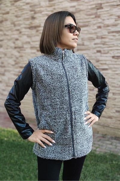 Azıcık Akıllı Women's Gray Melange Stand Collar Thick Plush Zippered Vest 24Kylkk215