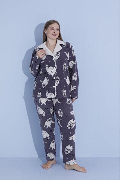 PİJAMOOD Kadın Battal Beden  Uzun Kollu Welsoft Polar Önden Düğmeli  Pijama Takımı