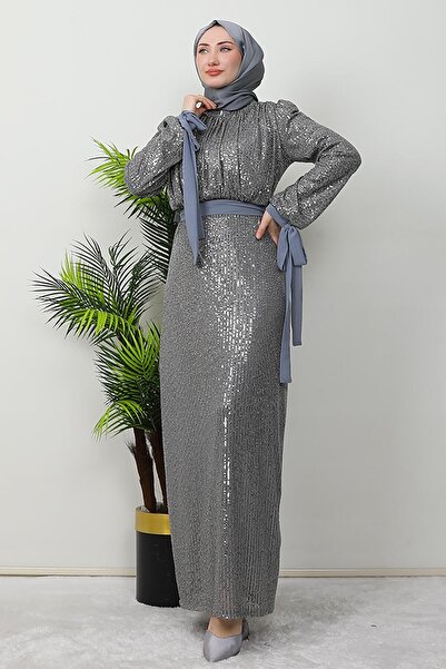 GİZ AGİYİM Βραδινό φόρεμα Efsun με γκρι παγιέτες