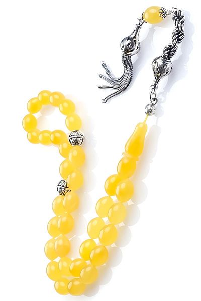 TESBİHCİBABA Ice Yellow Amber - Topaz Tassel Drop Amber Rosary