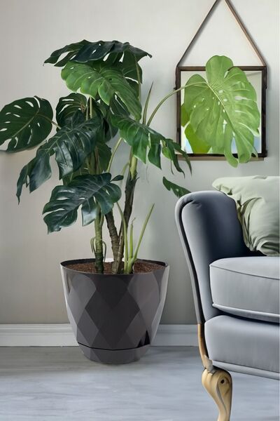 TEMMUZ HOME 26 Litre Prizma Desenli Dekoratif Büyük Boy Tabaklı Plastik Saksı...