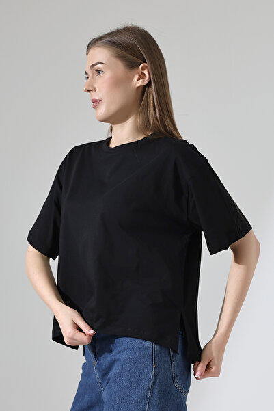 Endies Crna okrugla kragna 100% pamuk Ženska T-shirt - detalj proreza, standa...