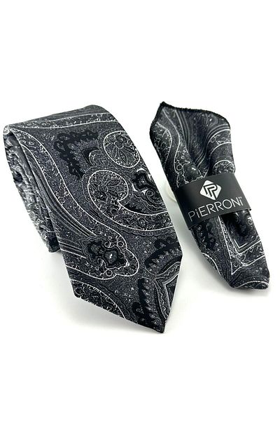 PİERRONİ Black Gray Shawl Patterned Handkerchief Tie