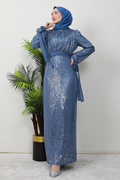 GİZ AGİYİM Βραδινό φόρεμα Efsun με μπλε παγιέτες