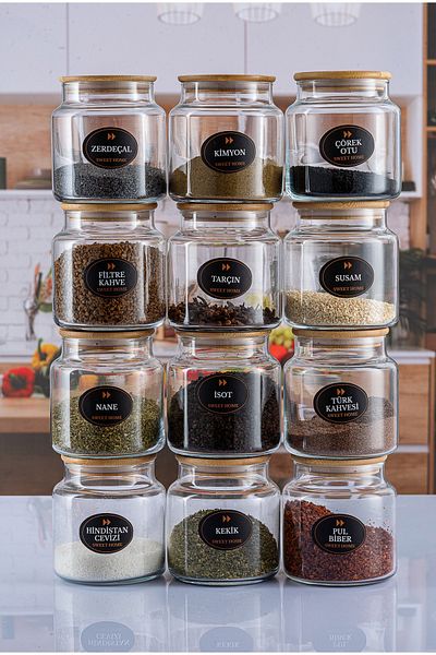 emdeco 12-Piece Bamboo Lid, Spice Jar Set with Tag Gift Spice Set 500ml