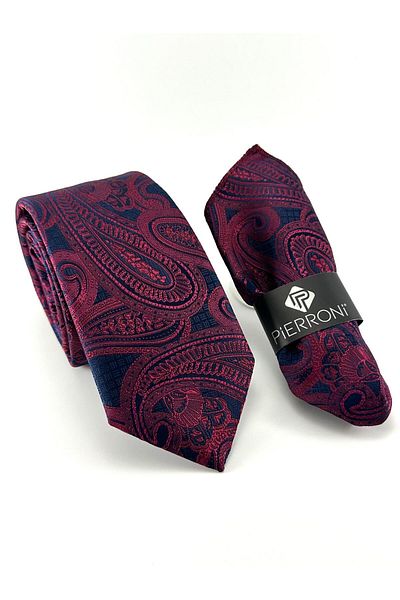 PİERRONİ Navy Blue Burgundy Shawl Patterned Handkerchief Tie