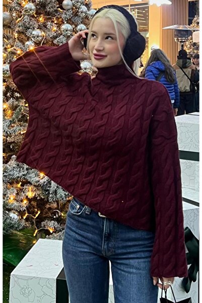 Madmext Burgundy Turtleneck Knitted Knitwear Sweater Mg2172